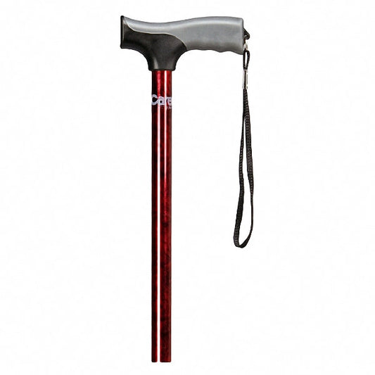 Red designer derby handle cane with soft grip; black handle and wrist strap