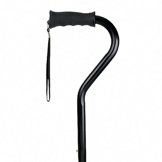 Black offset walking cane with curved ergonomic handle and wrist strap