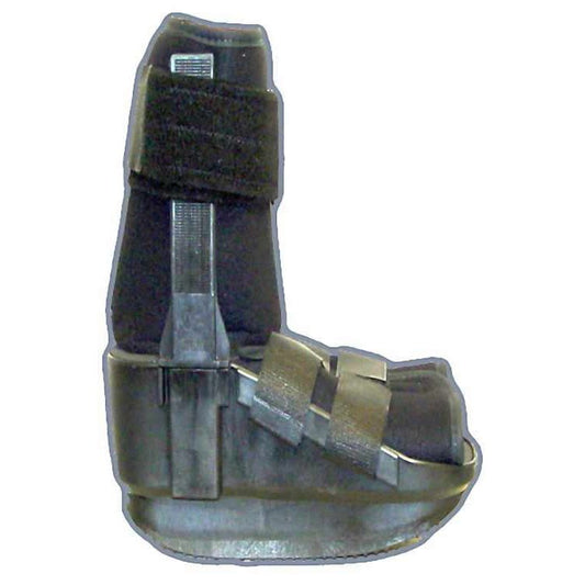 High ankle walker boot with black straps and hinged metal support plate