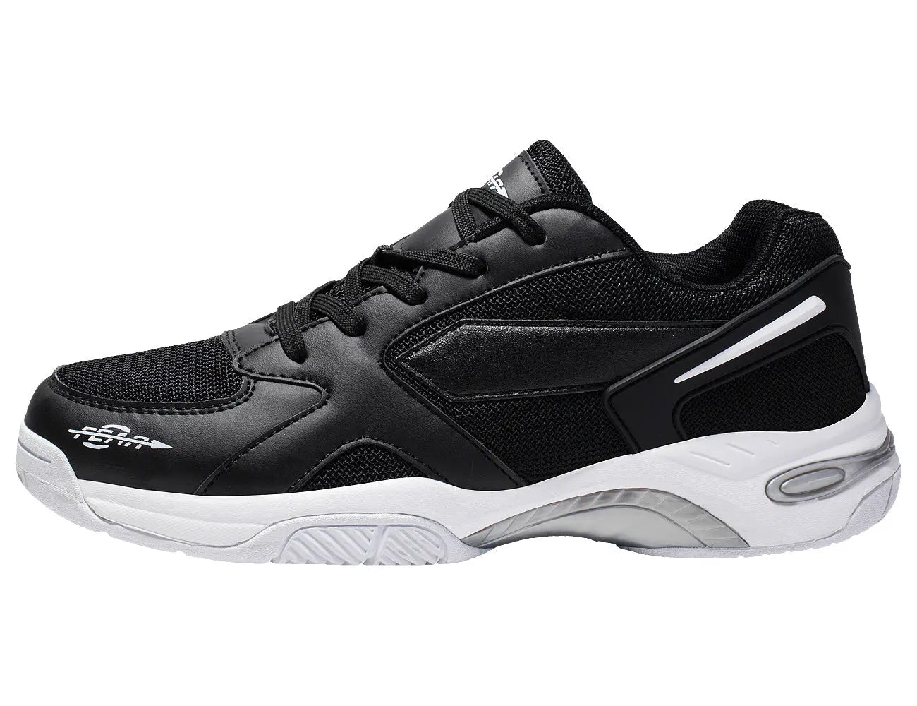 Black lace-up walking sneaker with side overlay panels and white midsole with air window.