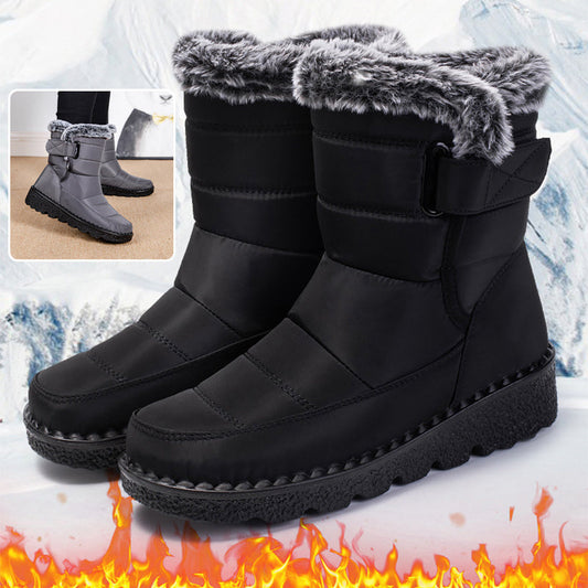 Black winter snow boots with faux-fur cuff and hook-and-loop strap, chunky platform sole
