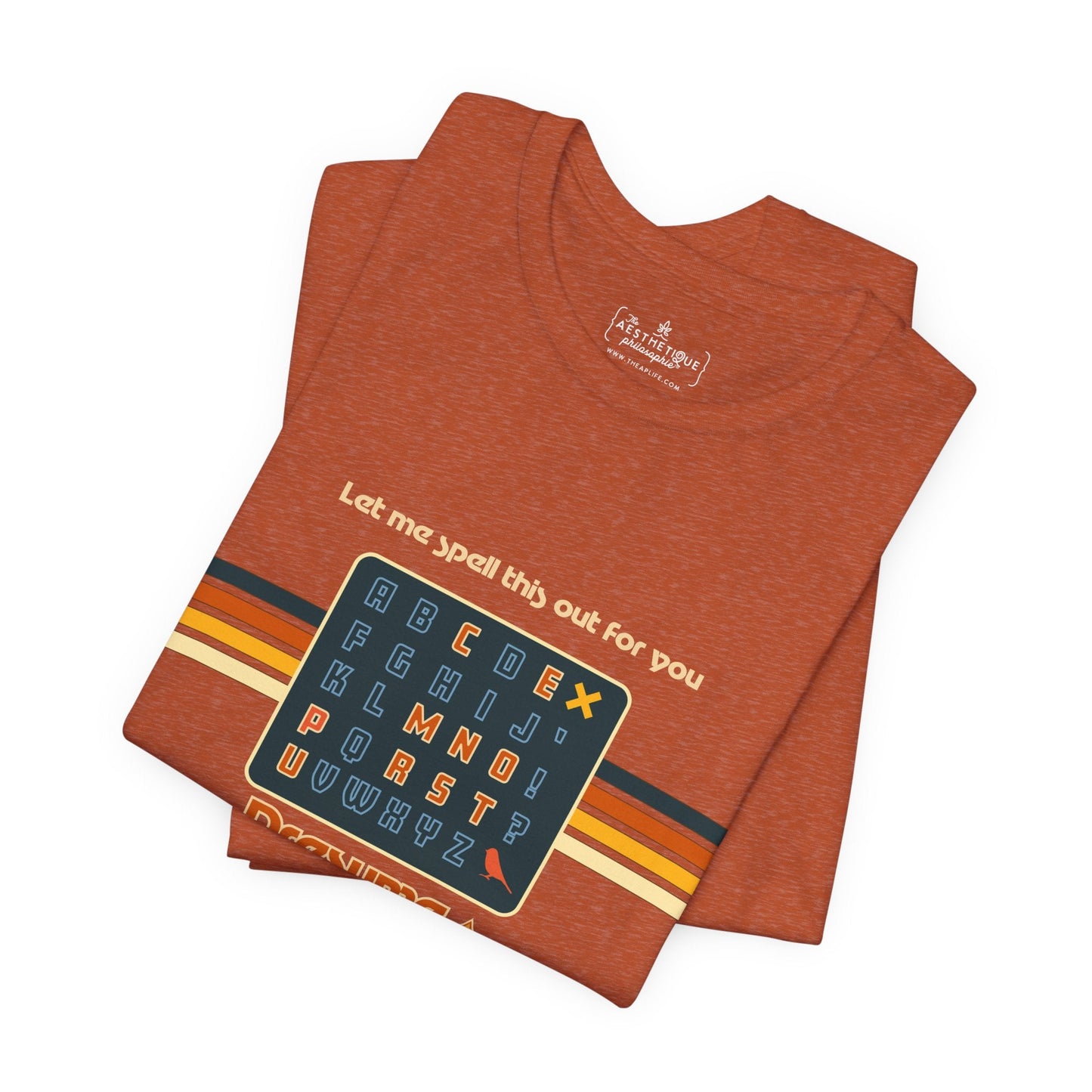Heather rust unisex jersey tee, angled view showing spelling grid and colorful stripes on front