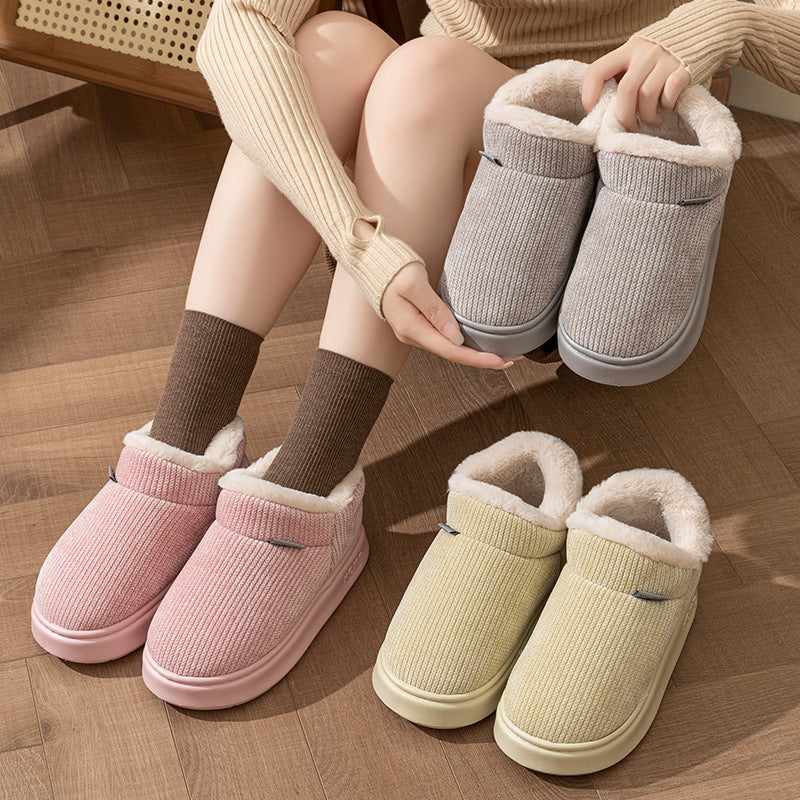 Ankle wrap cotton slippers in pink and green knit with plush trim and slip-resistant sole