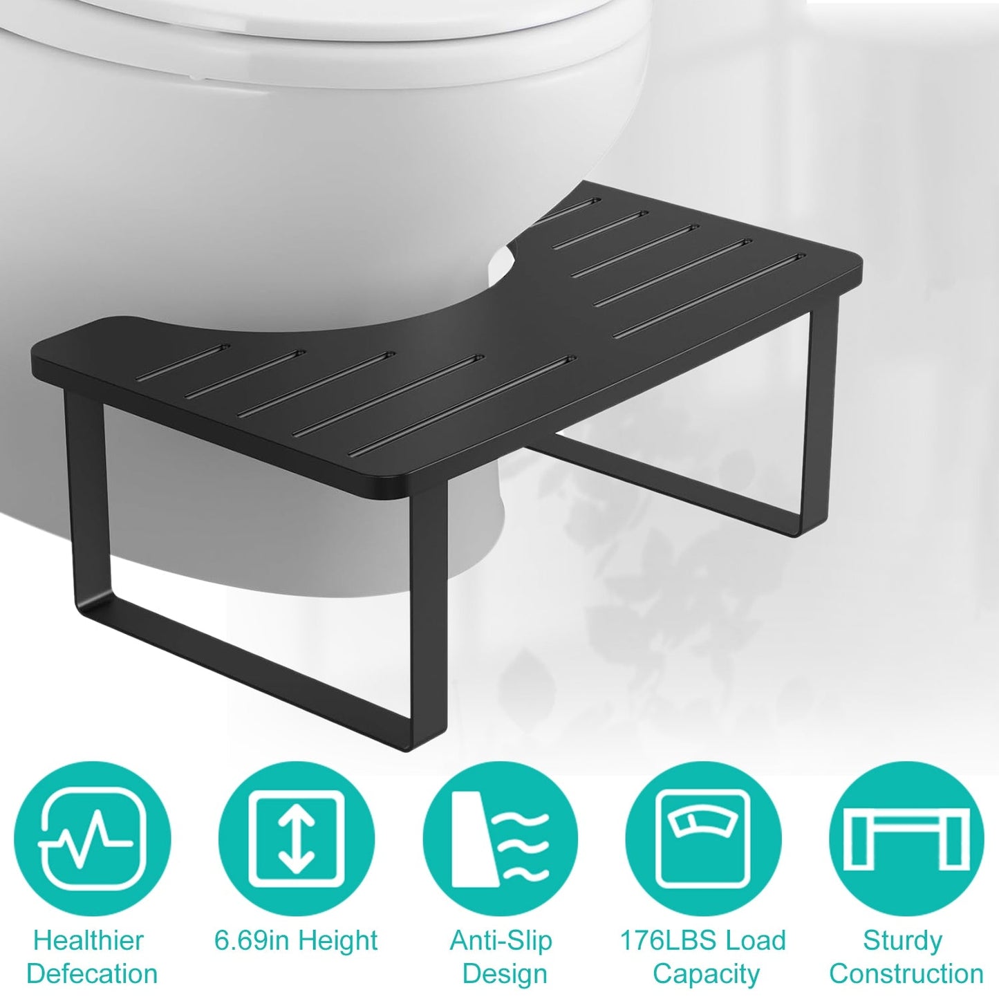 Black toilet seat cover with features listed on a white background