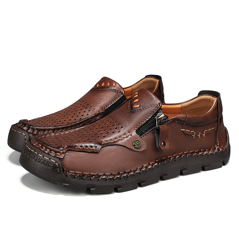 Plus-size breathable casual shoes, dark brown perforated slip-on with rubber tread sole