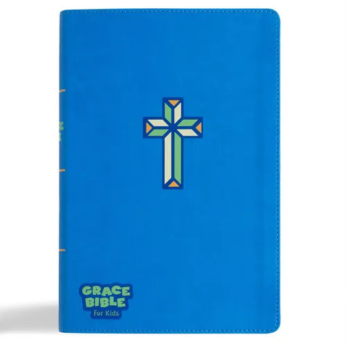 Blue kids Bible with cross emblem, imitation leather-style cover, Grace Bible for Kids
