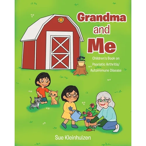 Children's paperback book cover with red barn, kids and grandma gardening, cat illustrations