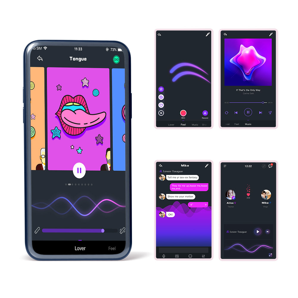 Smartphone screens displaying controls for a prostate massager app interface.