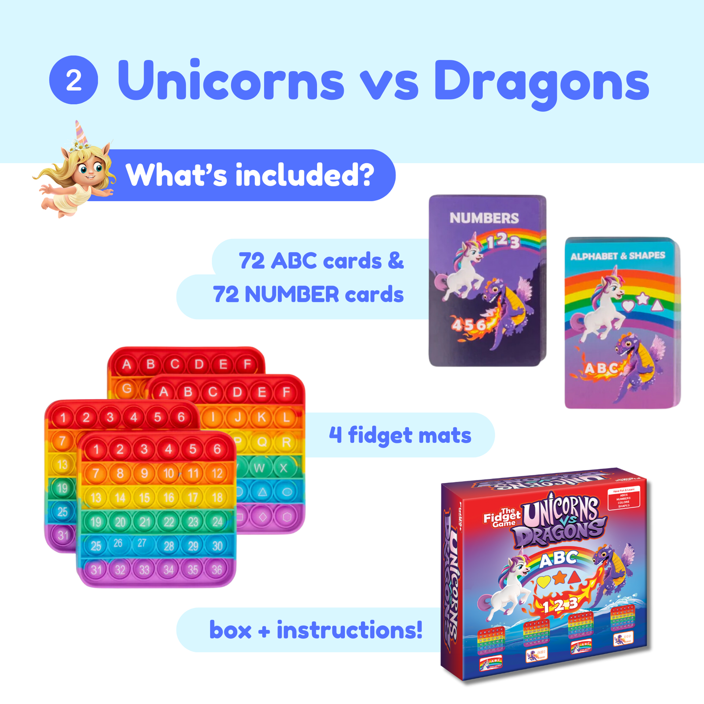 Pre-K fidget game set with fidget mats, ABC cards, and number cards