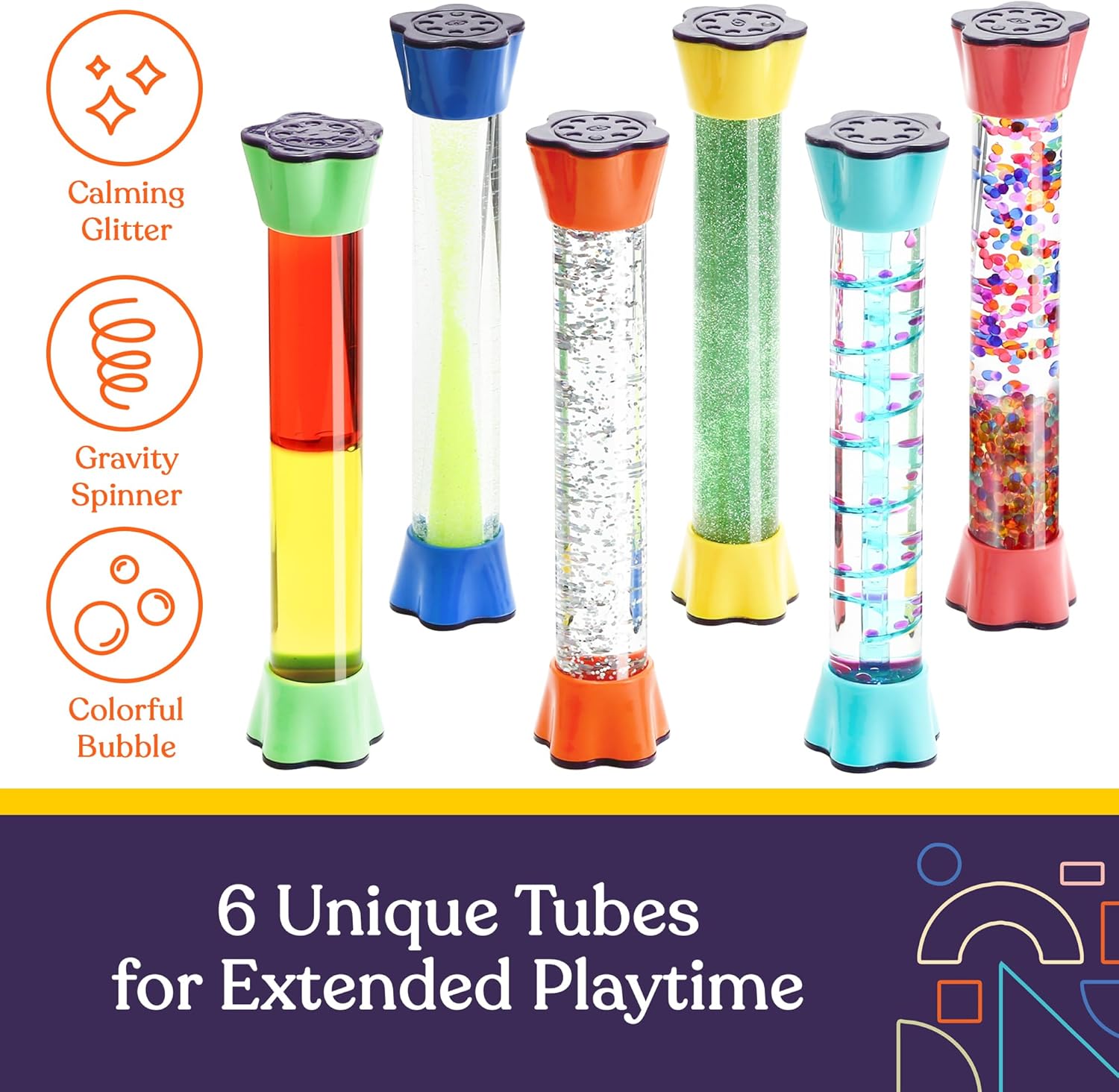 Six sensory motion tubes with colorful caps, including glitter, beads, and clear liquid chambers