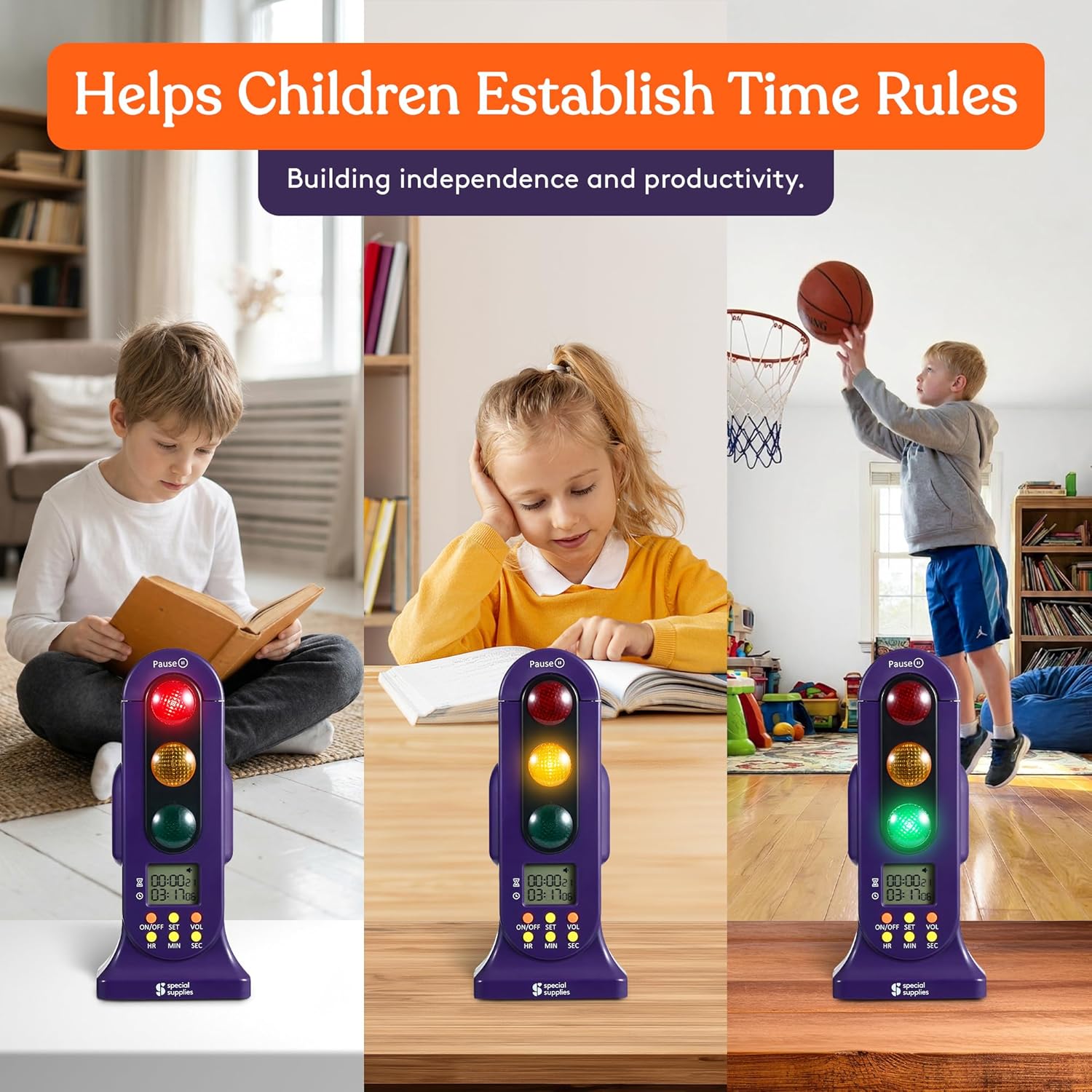 Three purple traffic-light timers with red, yellow, and green lights and digital time displays