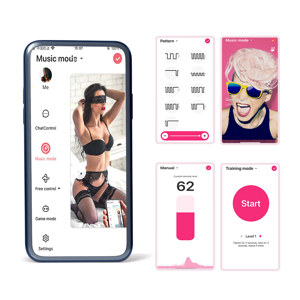 Smartphone app interface for controlling a silicone massager, shown alongside modes.