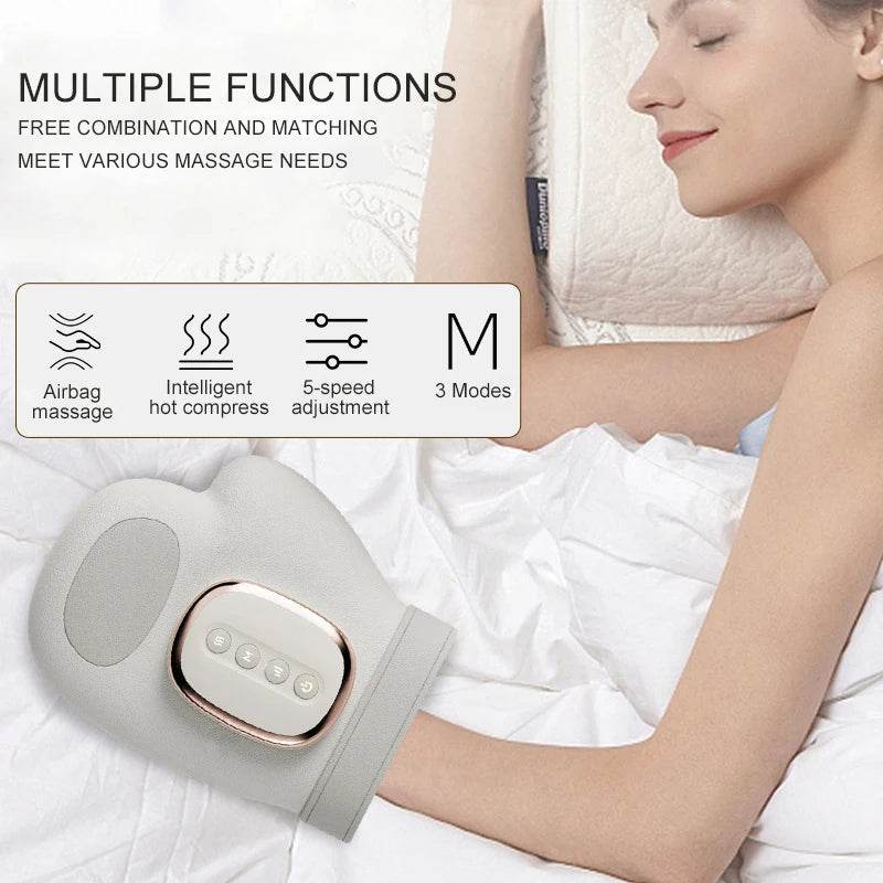 Airbag hand massager strapped on arm with mode panel showing adjustable options