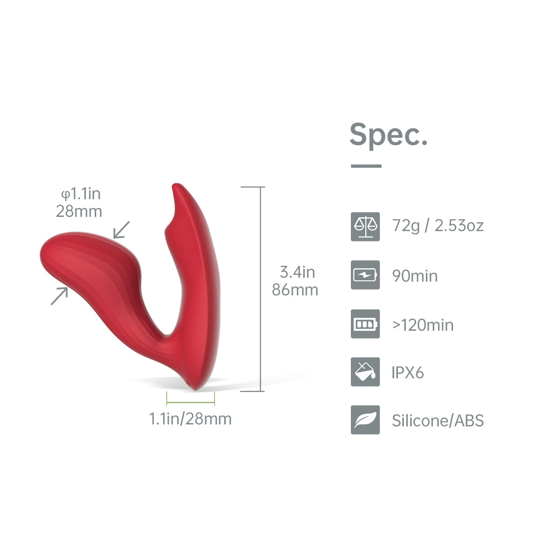 Red dual stimulation vibrator size view with two curved silicone tips