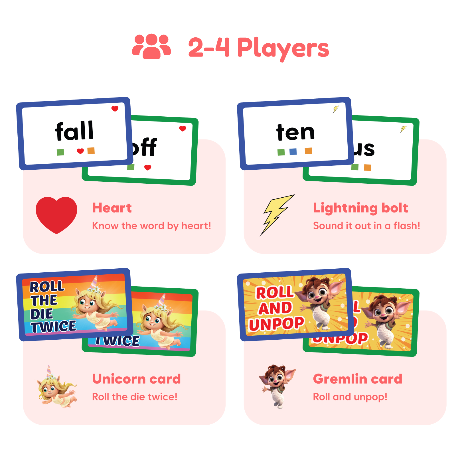 Sight-word game cards showing example word prompts and activity icons for 2–4 players