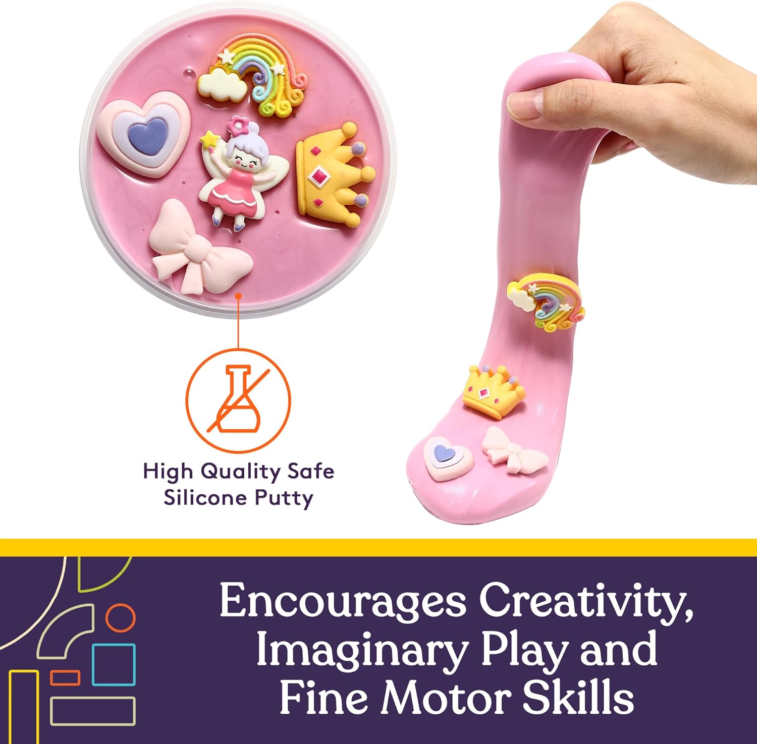 Pink sensory putty jar with charms and pink putty stretched with hand