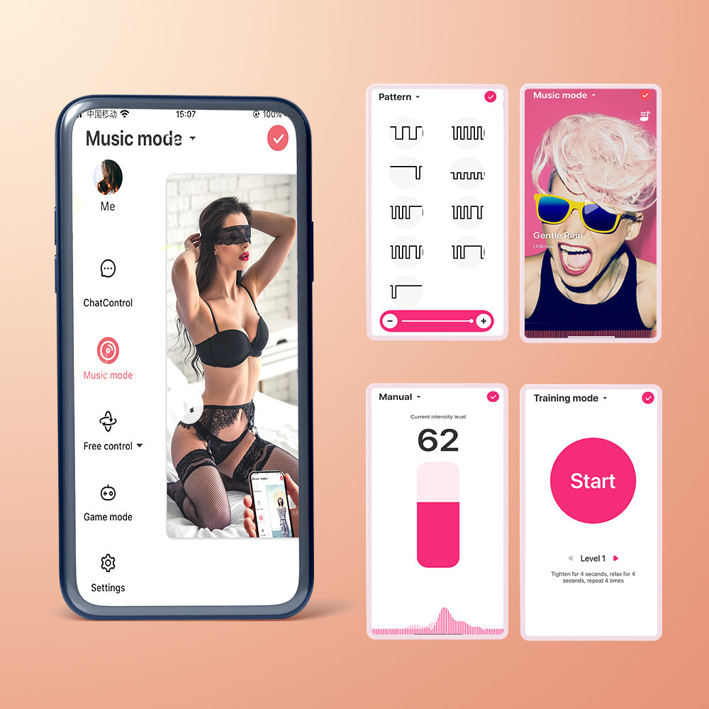 App control screens for a silicone massager, showing music and manual modes