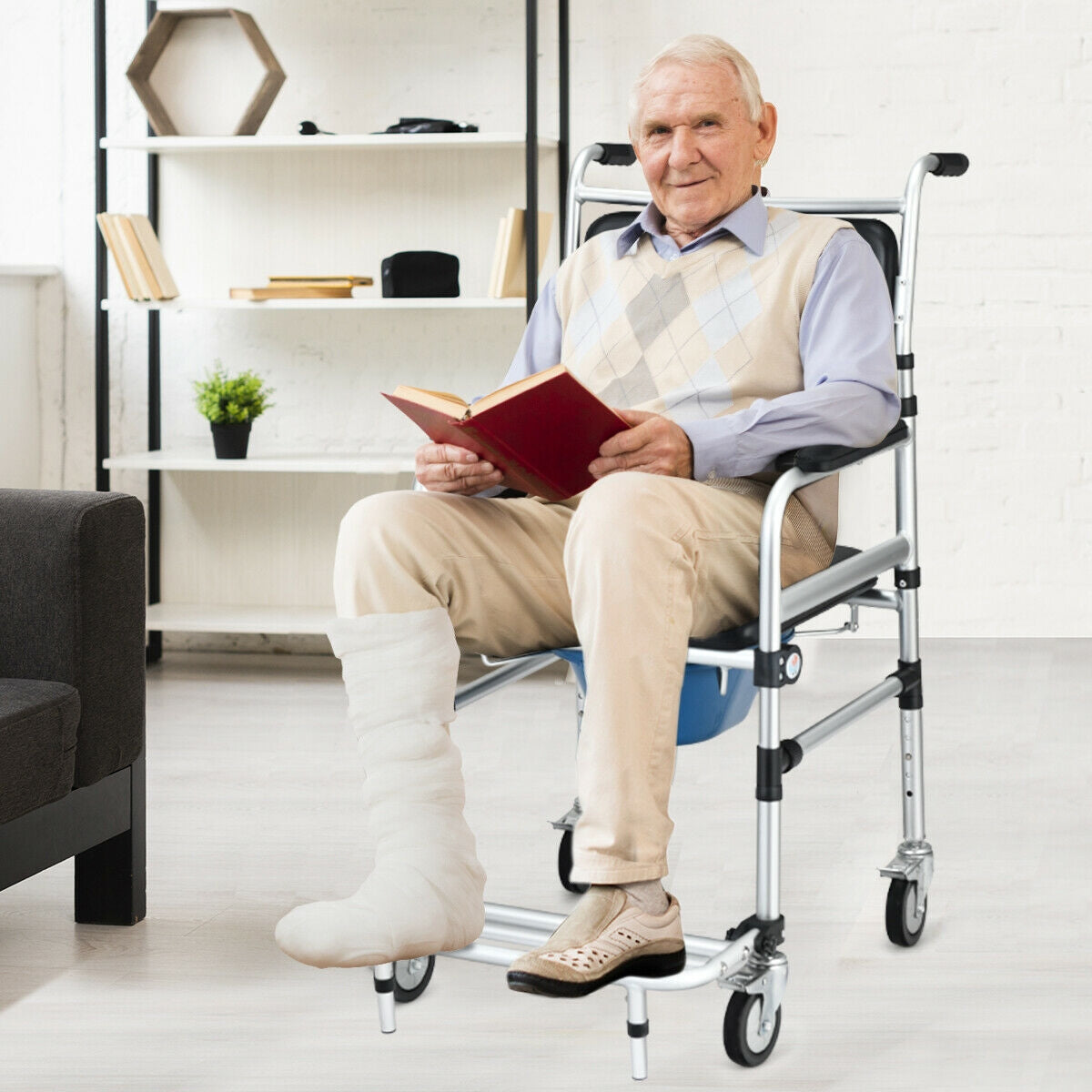 Shower commode wheelchair with supportive seat and detachable bucket for bathroom use