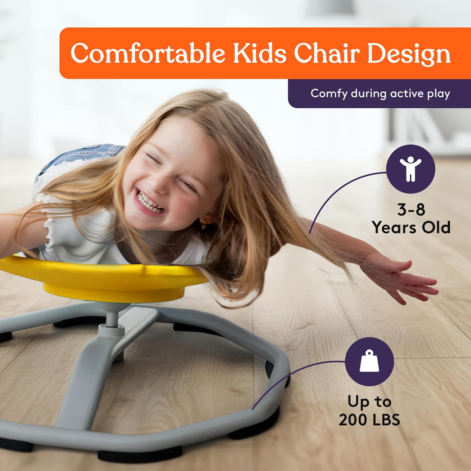 Orange kids sensory spin chair with textured seat and gray base, 20 in wide, 10 in high.
