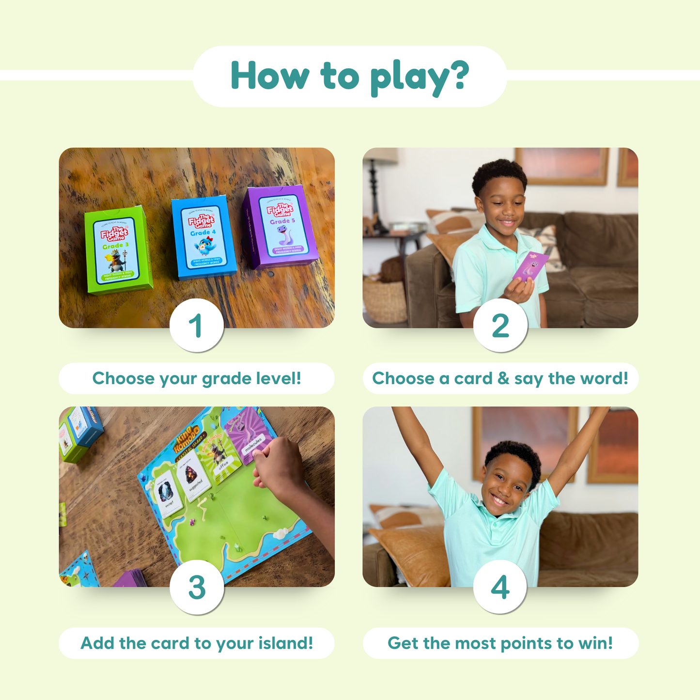 King Komodo game play steps graphic with word cards and island map boards