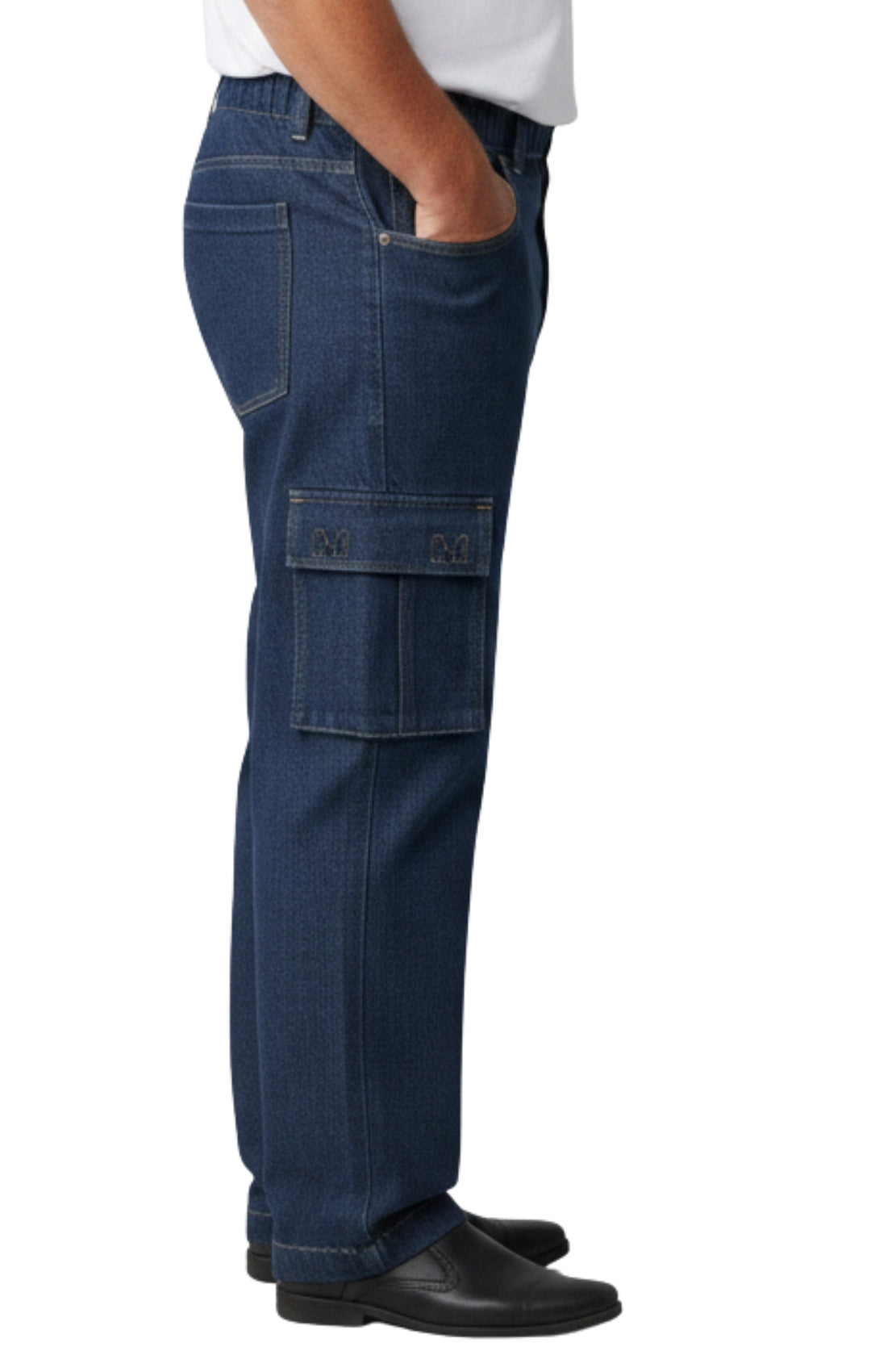 Person wearing blue cargo pants on a white background