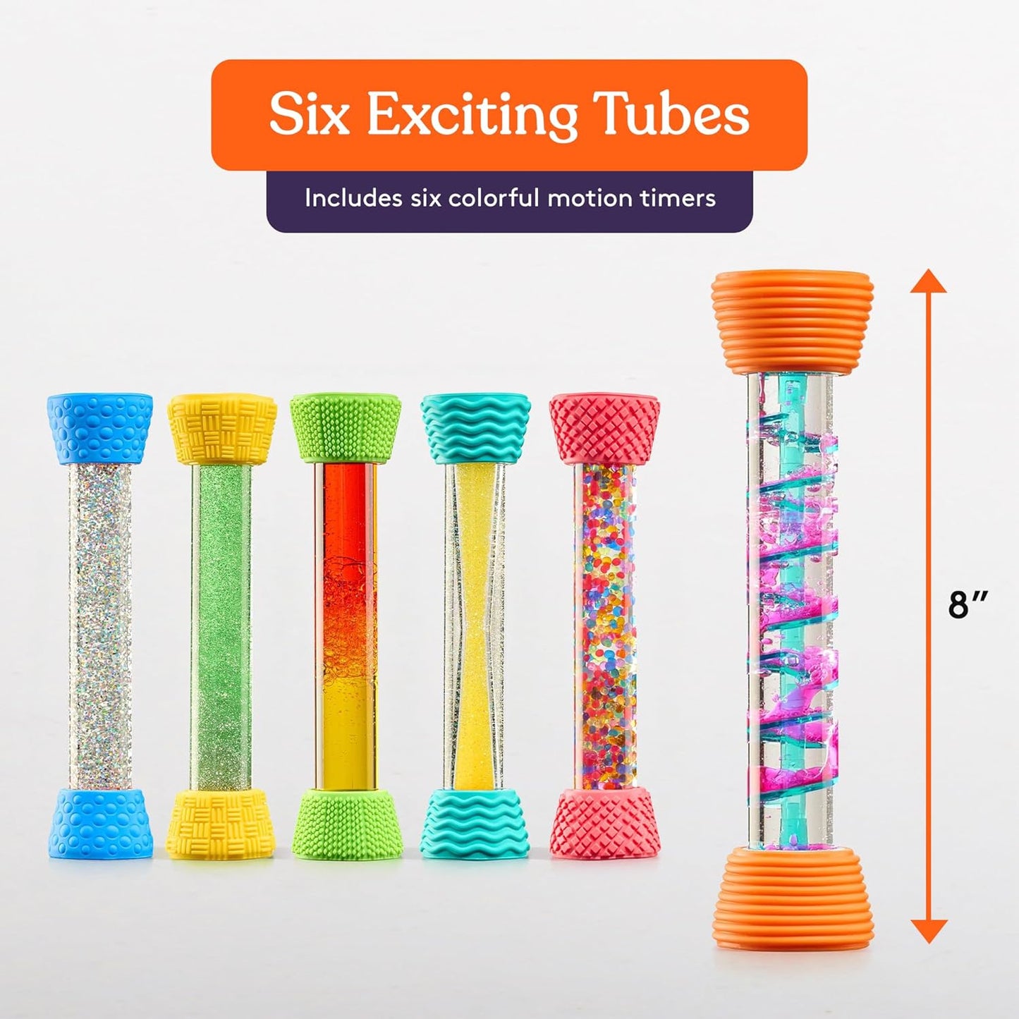 Six colorful liquid motion hourglass tubes with textured silicone top and base caps