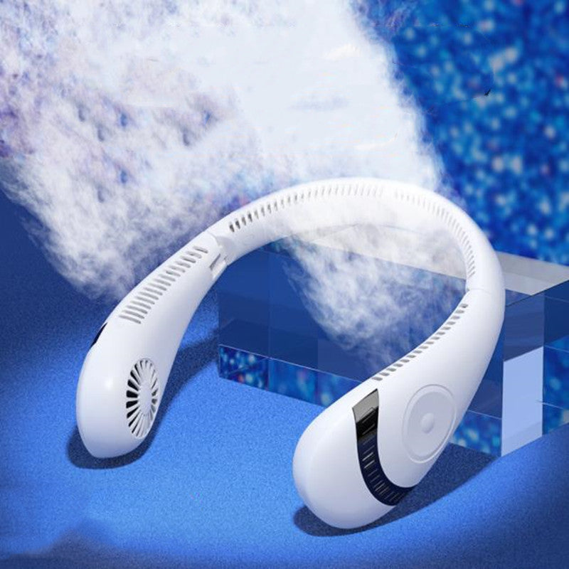 White neck-hanging portable bladeless fan with side vents and round power button