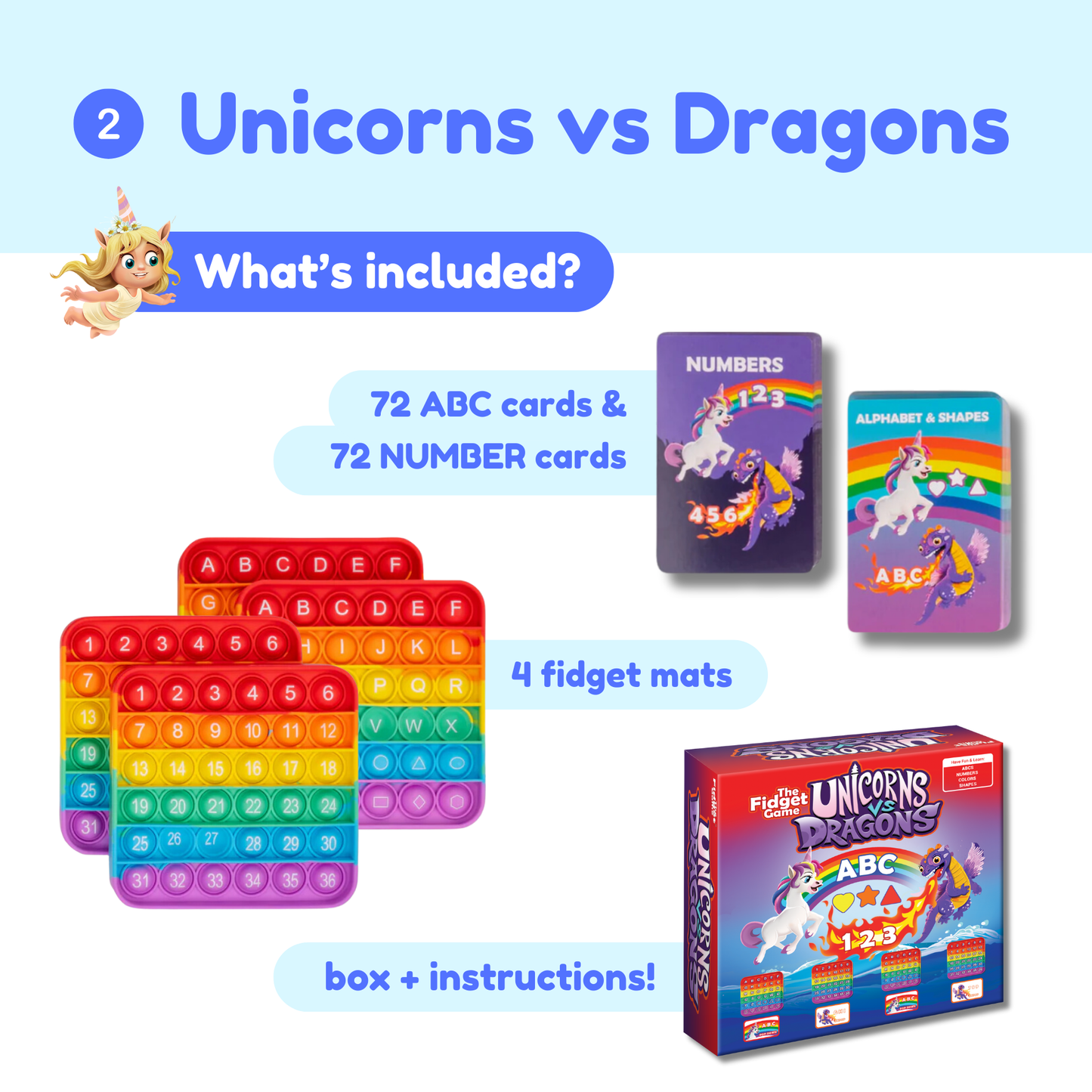 Unicorns vs Dragons learning set with rainbow pop-it fidget mats, cards, and box