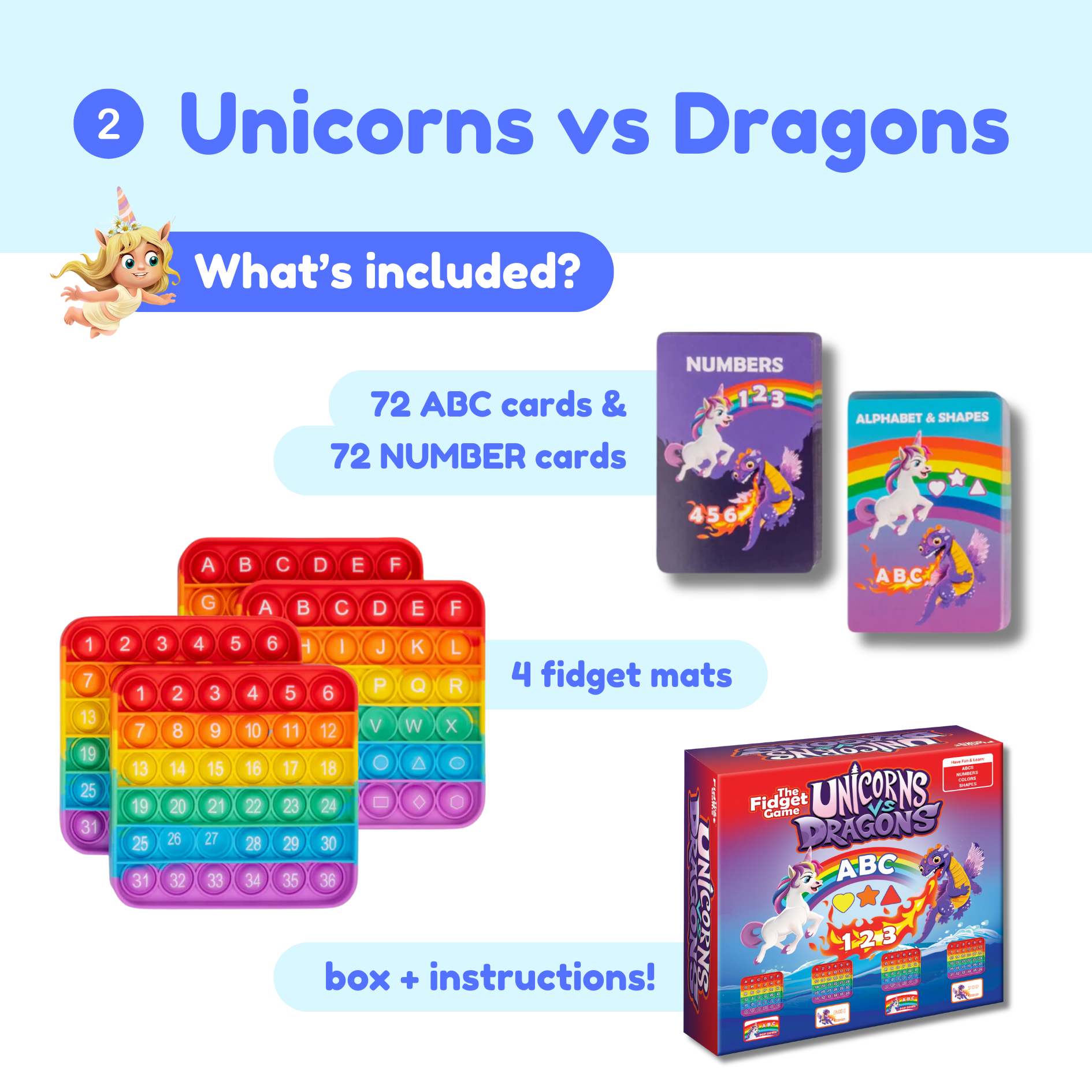 Unicorns vs Dragons learning set with rainbow pop-it fidget mats, cards, and box