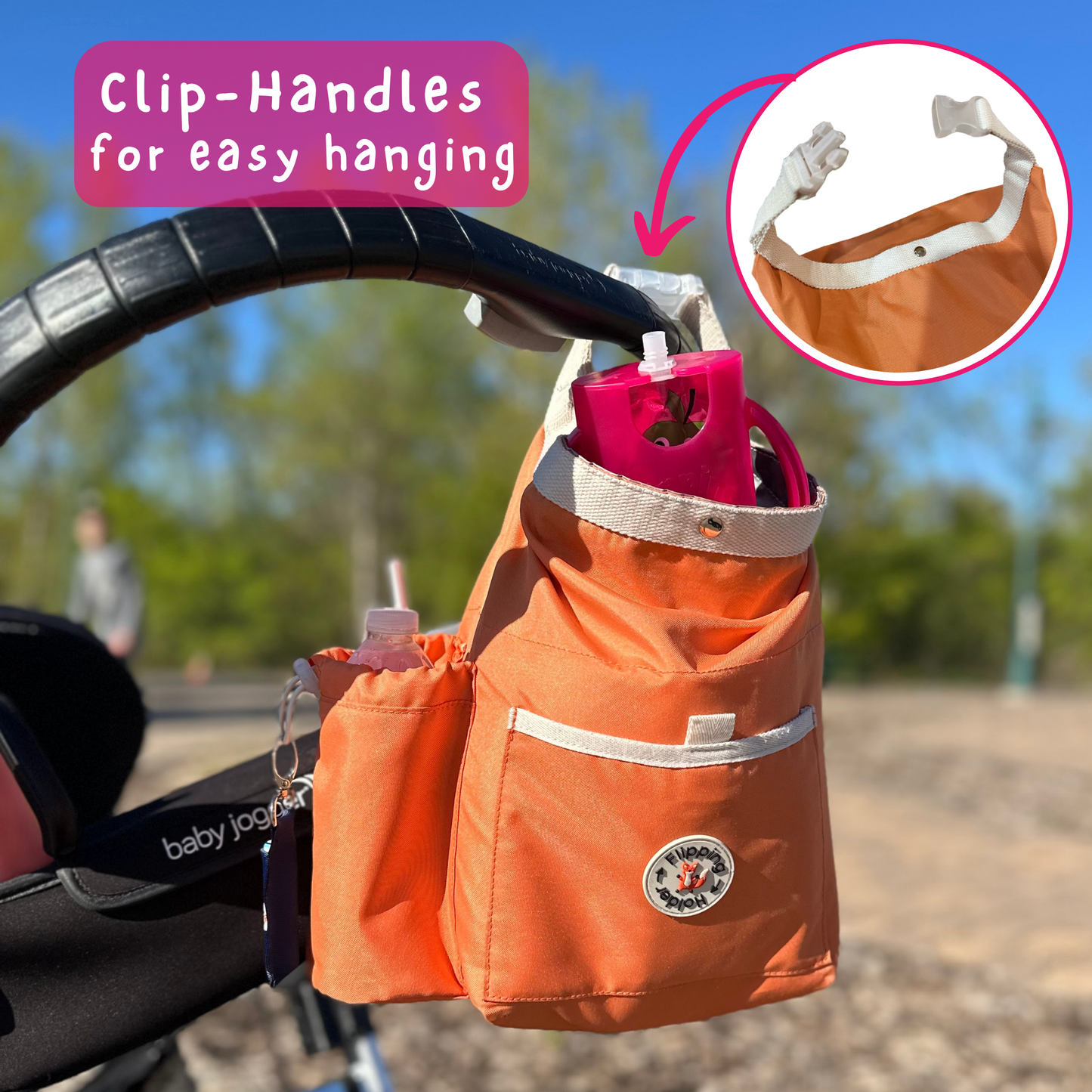 Orange thermal tote bag with clip handles and front bottle pocket