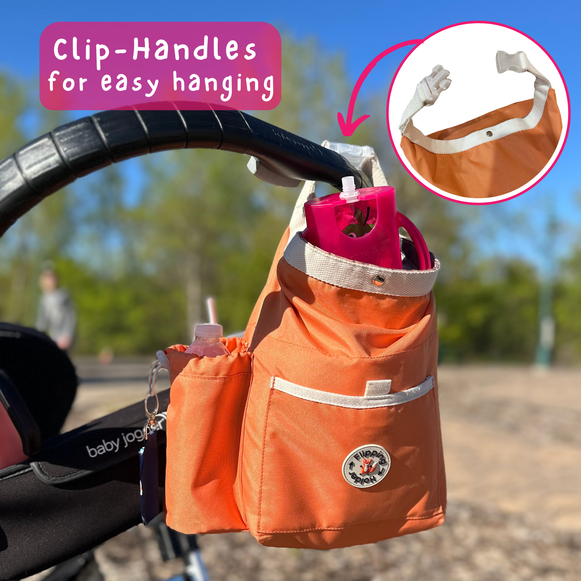 Orange thermal tote bag with clip handles and front bottle pocket