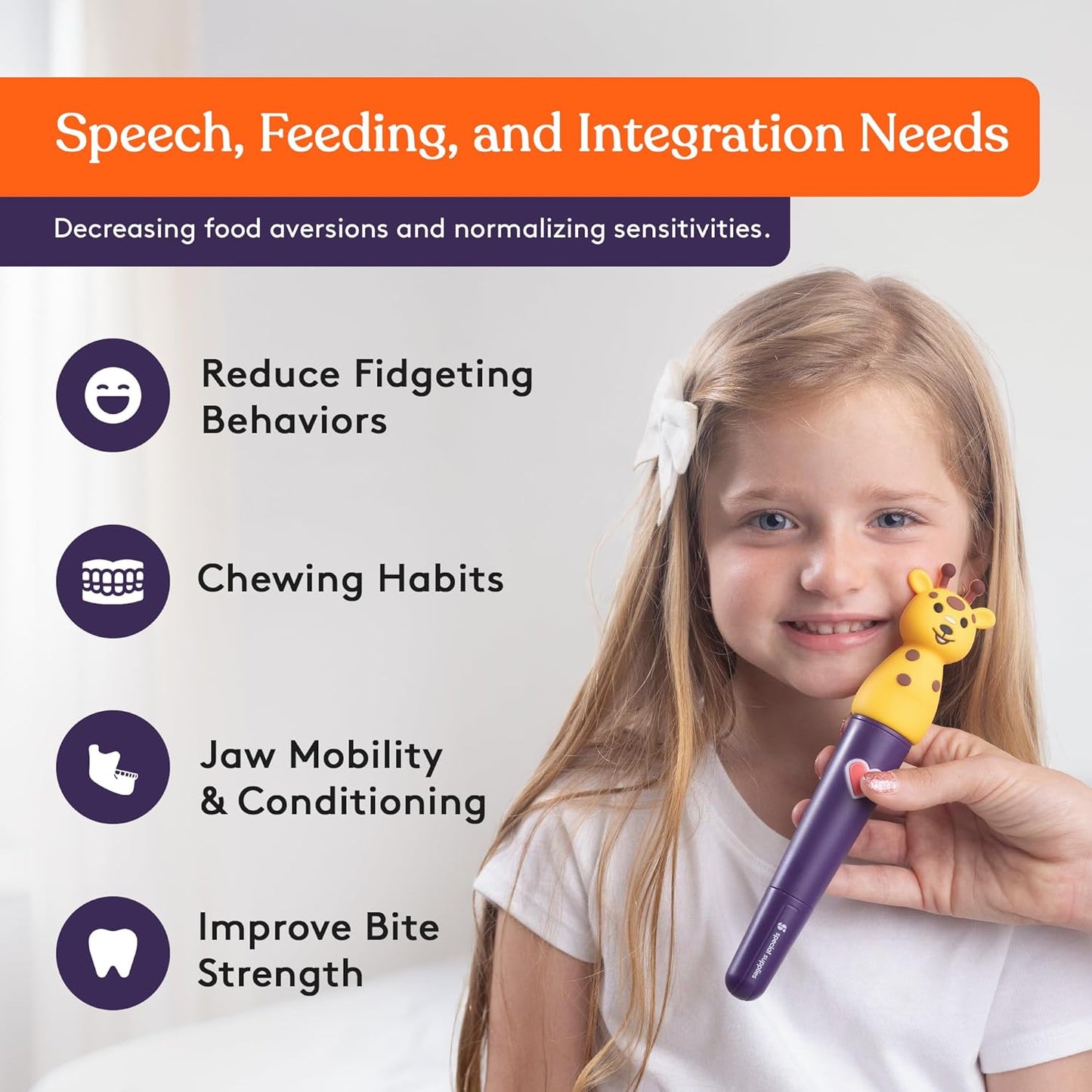 Purple oral massager with animal head held near child’s mouth