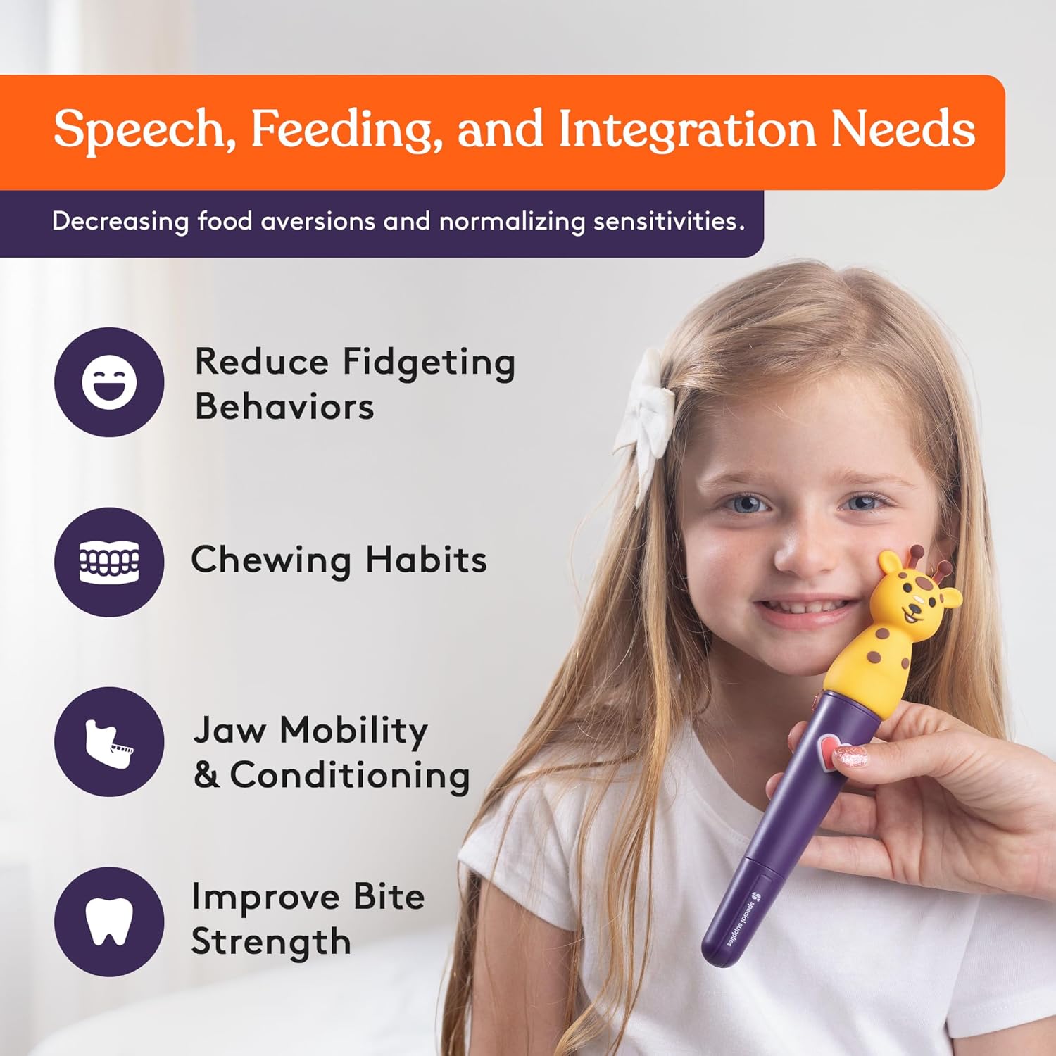Purple oral massager with animal head held near child’s mouth
