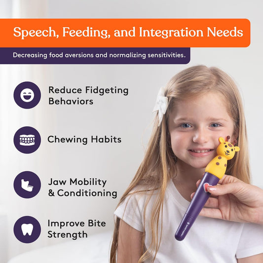 Purple oral massager with animal head held near child’s mouth