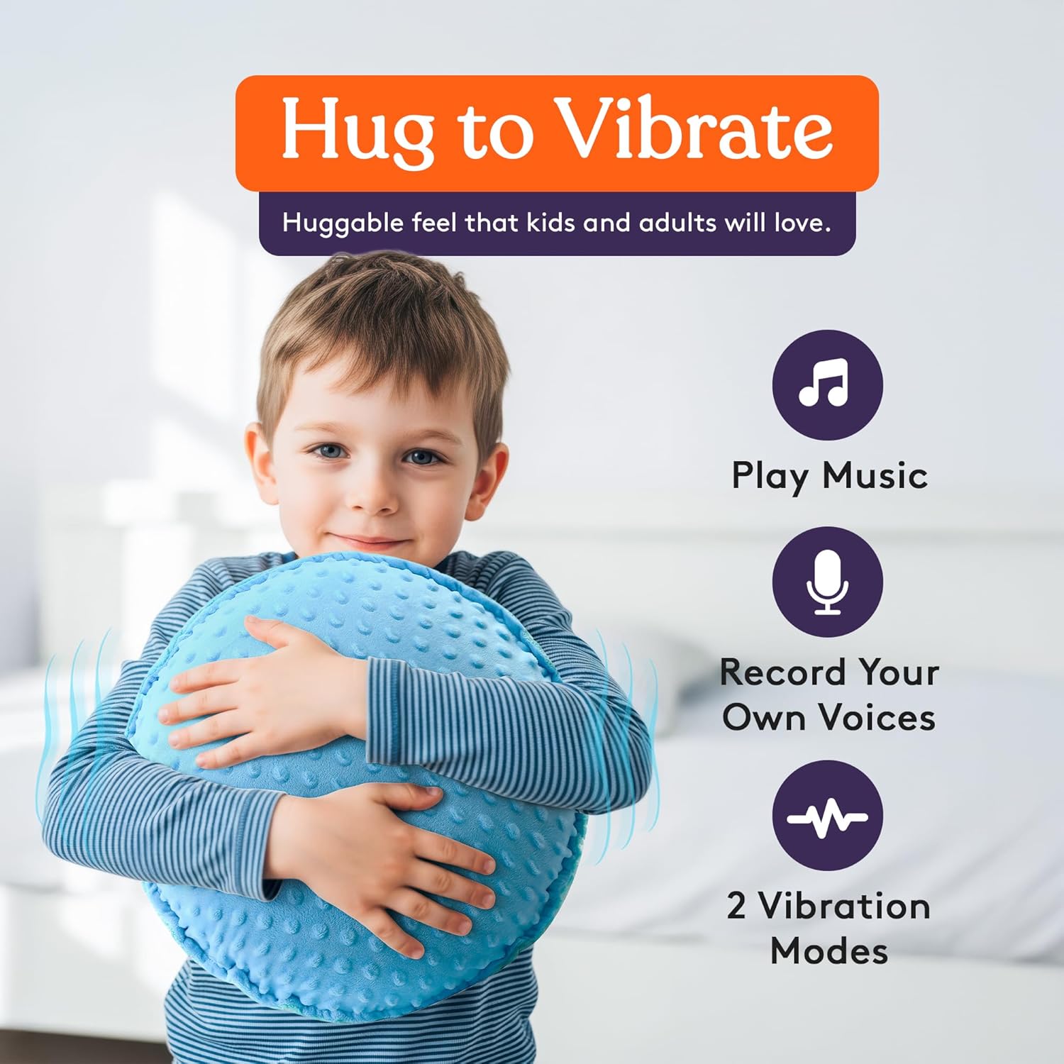 Blue textured plush sensory pillow with raised dots hugged by a child in a striped top.