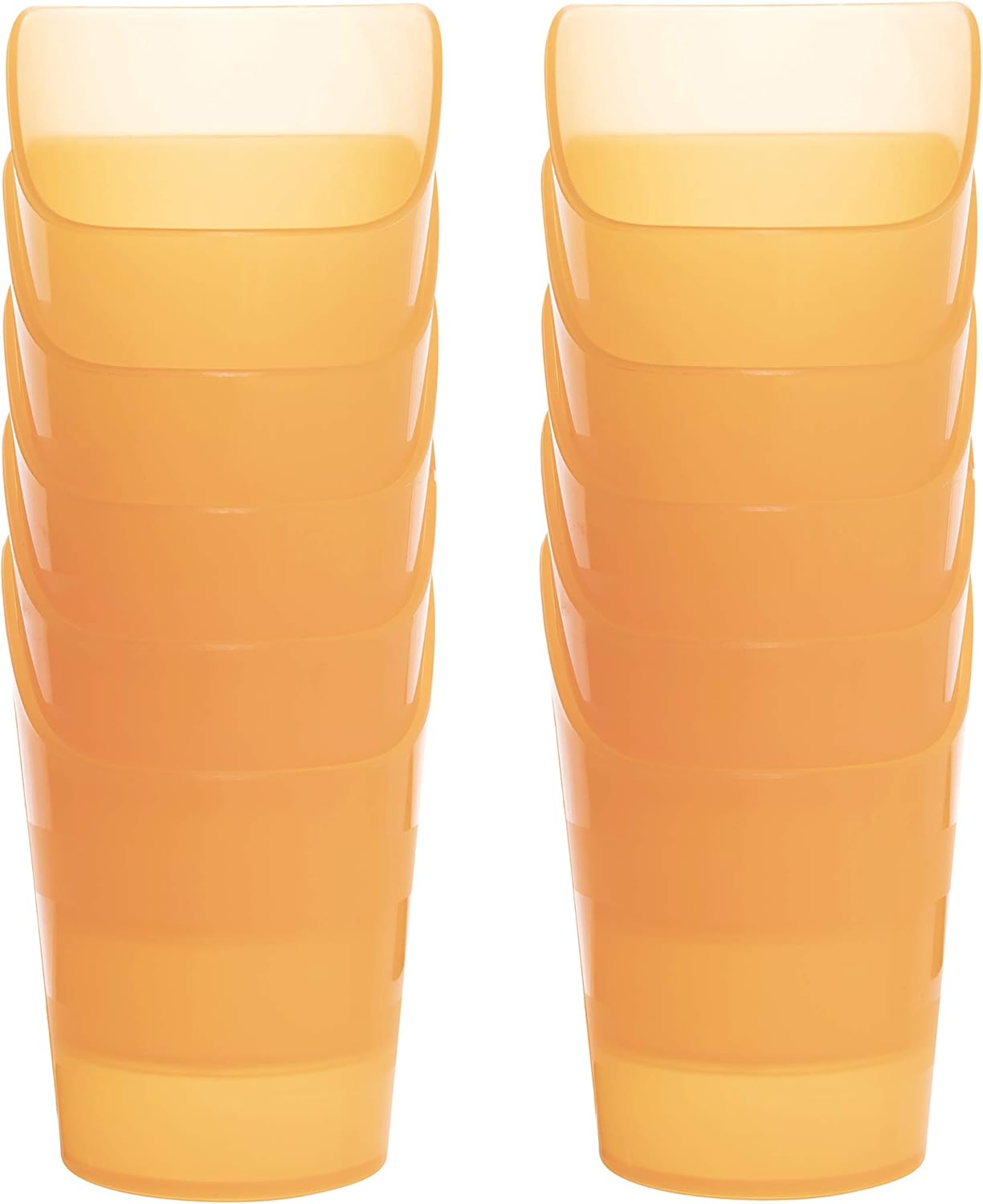 Two small flexible therapy drink cups in orange plastic with front nose cutout