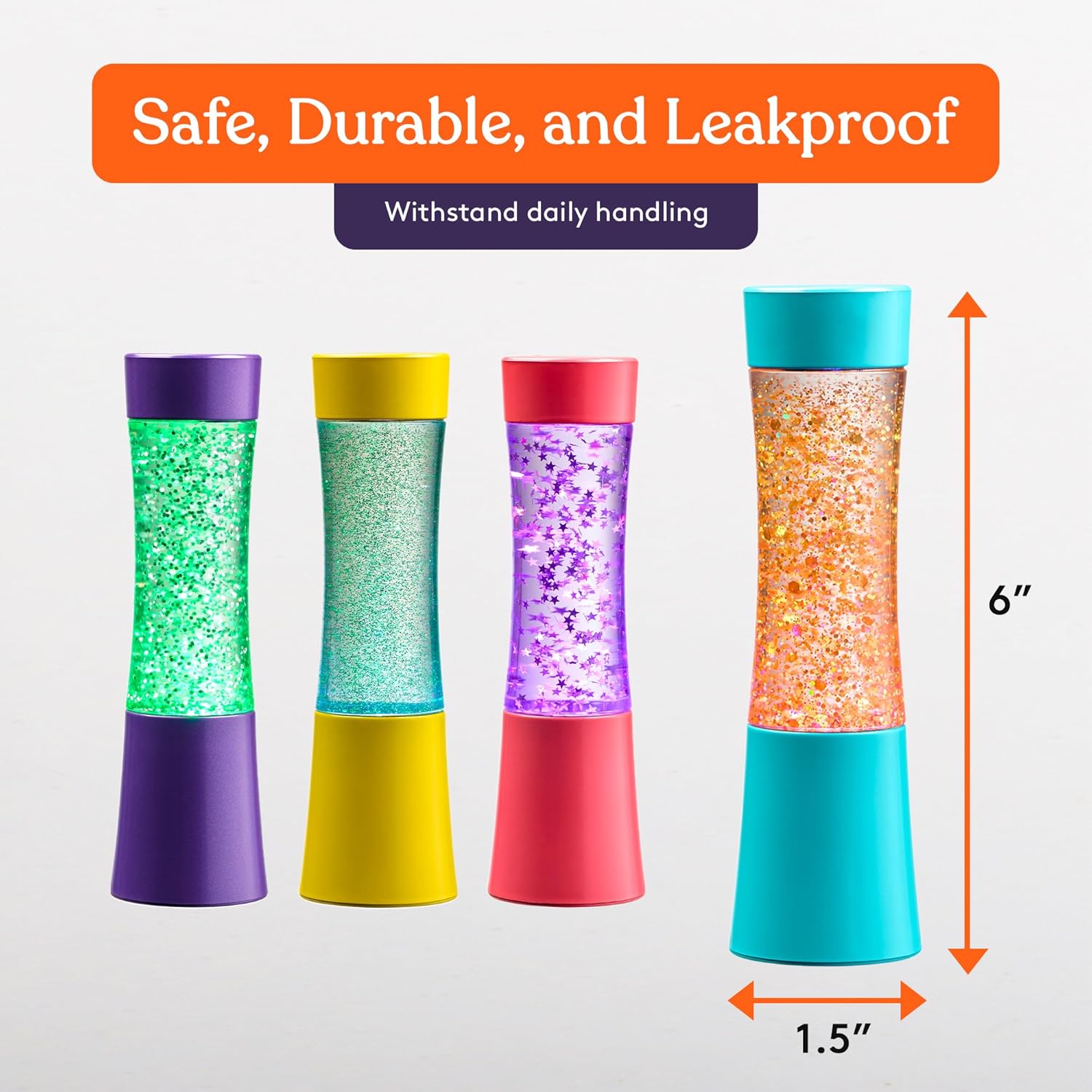 Four colorful glitter sensory tubes, purple, yellow, red, and blue, 6 in tall