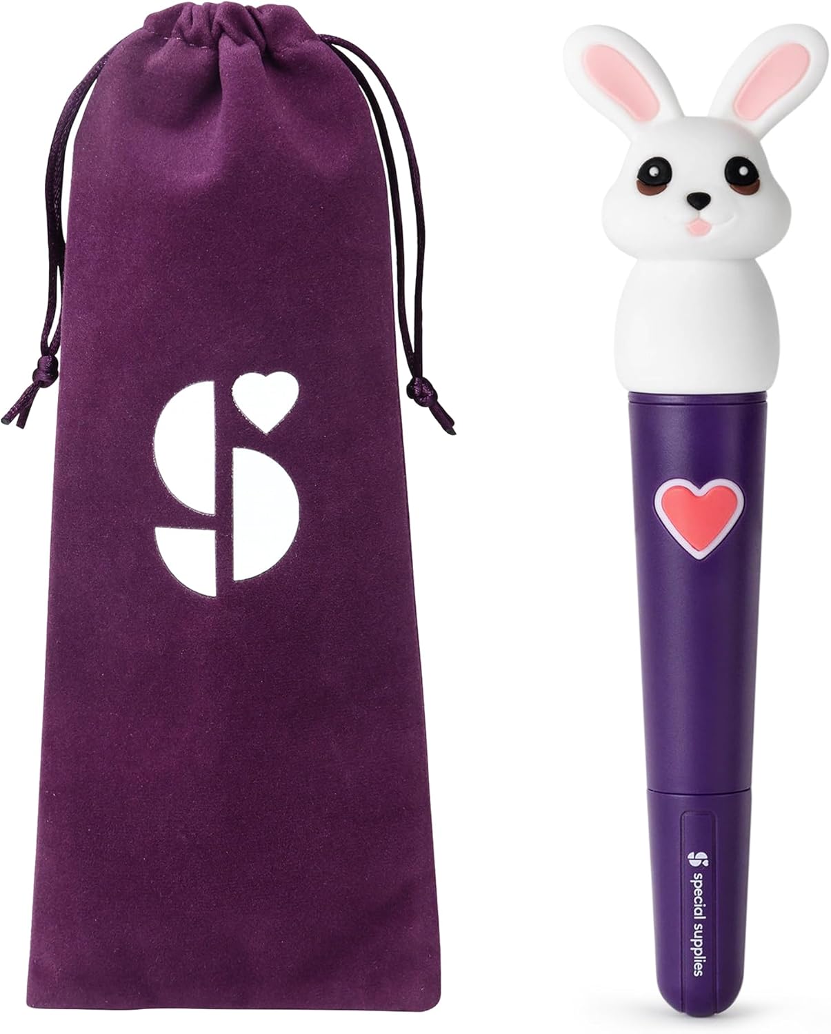 Oral motor stimulation kit with purple drawstring pouch and bunny-headed vibrating tool