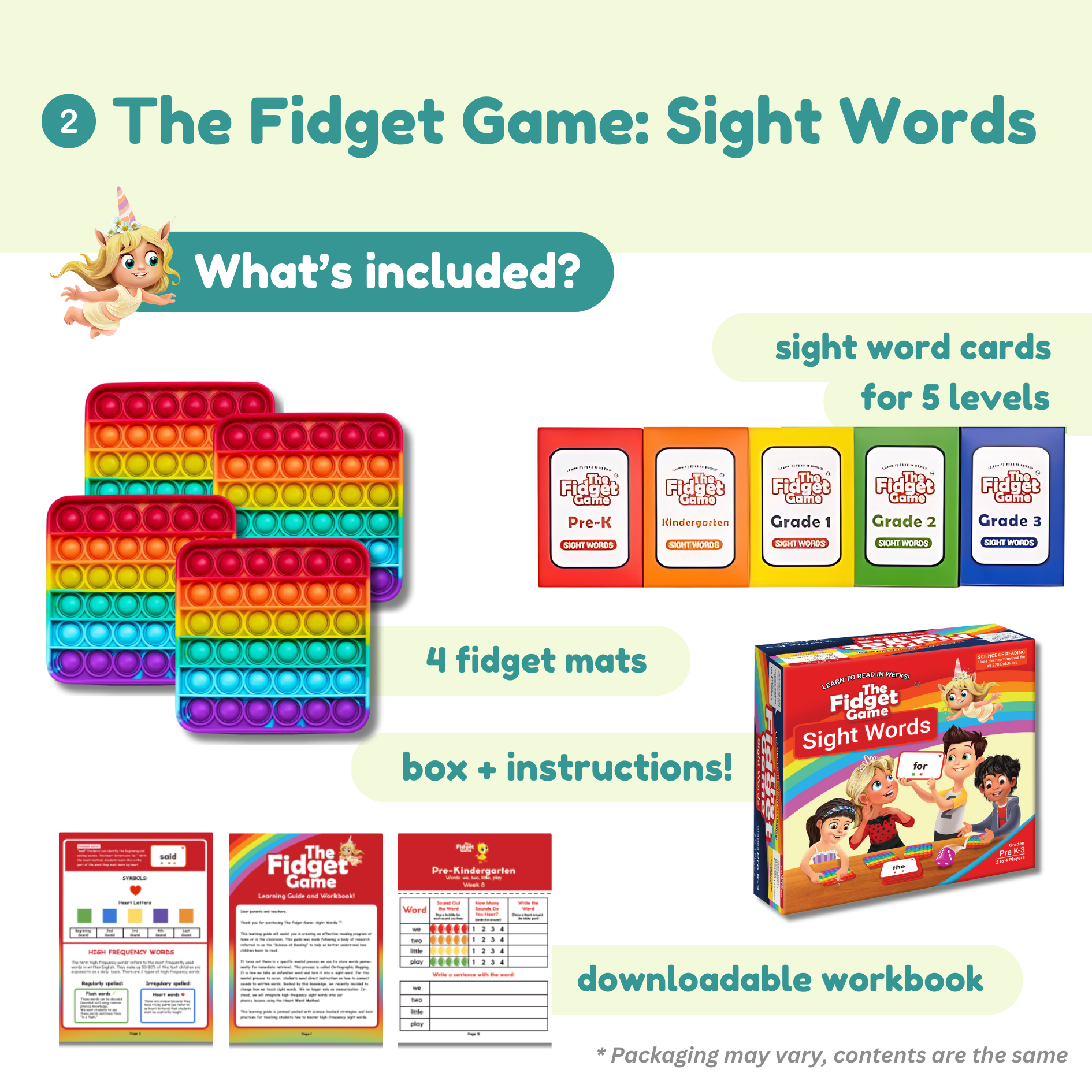 Sight Words activity set with 4 fidget mats, sight word cards, and a downloadable workbook
