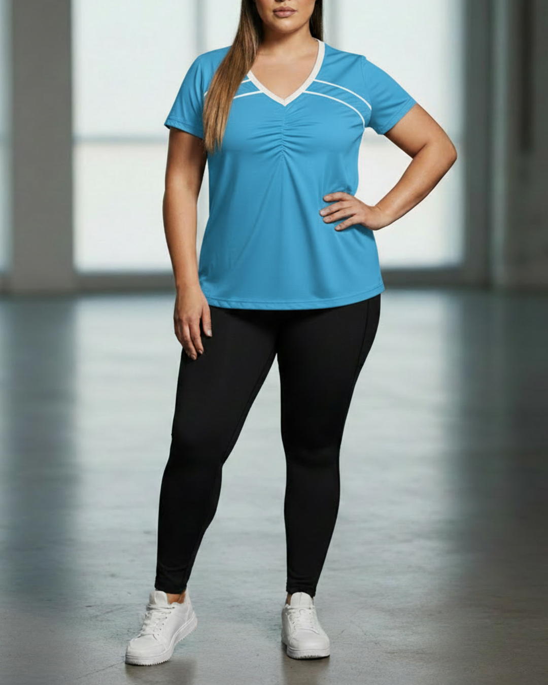 Blue sport V-neck tee with white contrast piping and ruched front