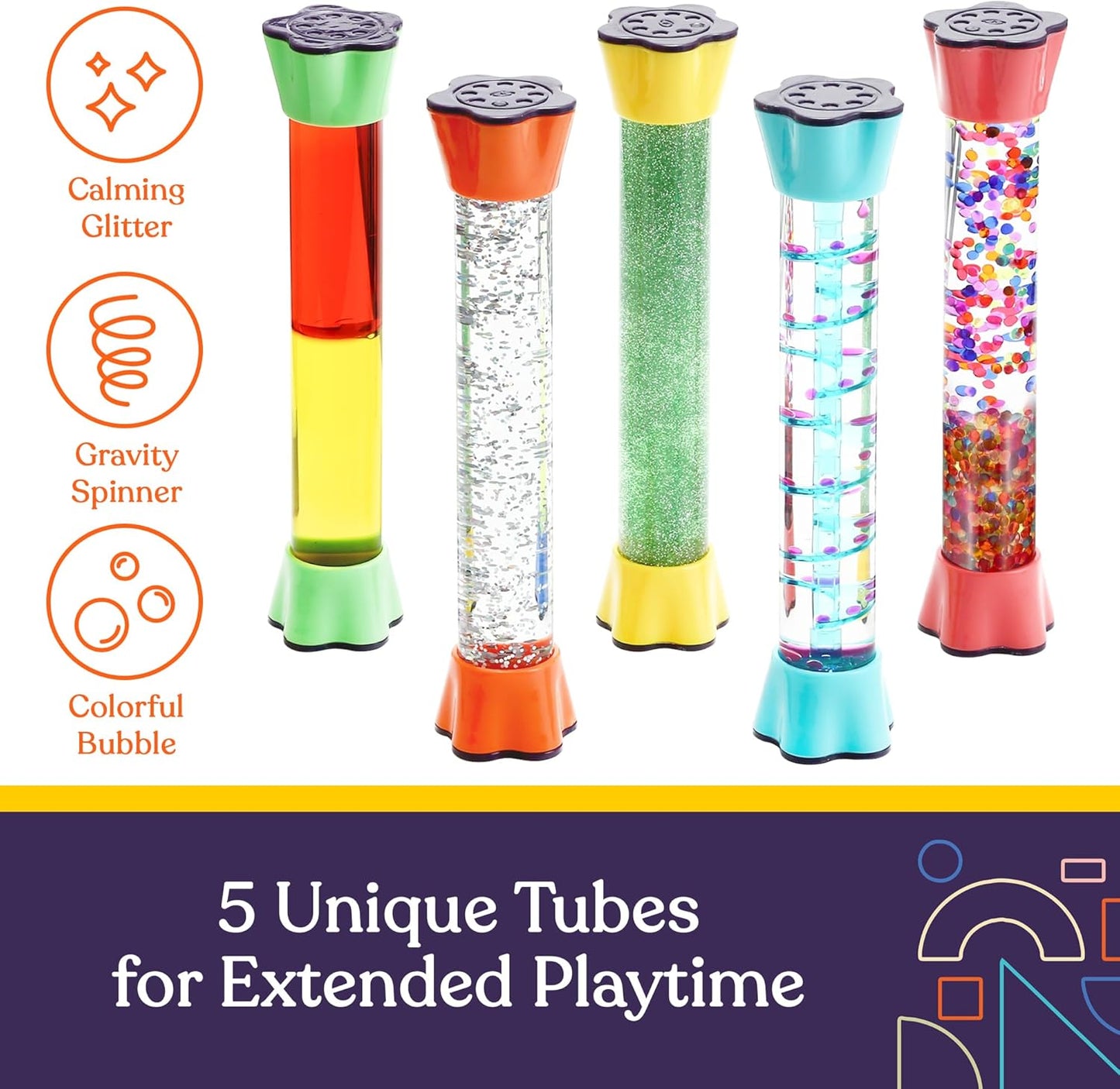 Five sensory motion tubes in orange, green, silver glitter, confetti bubbles, and blue