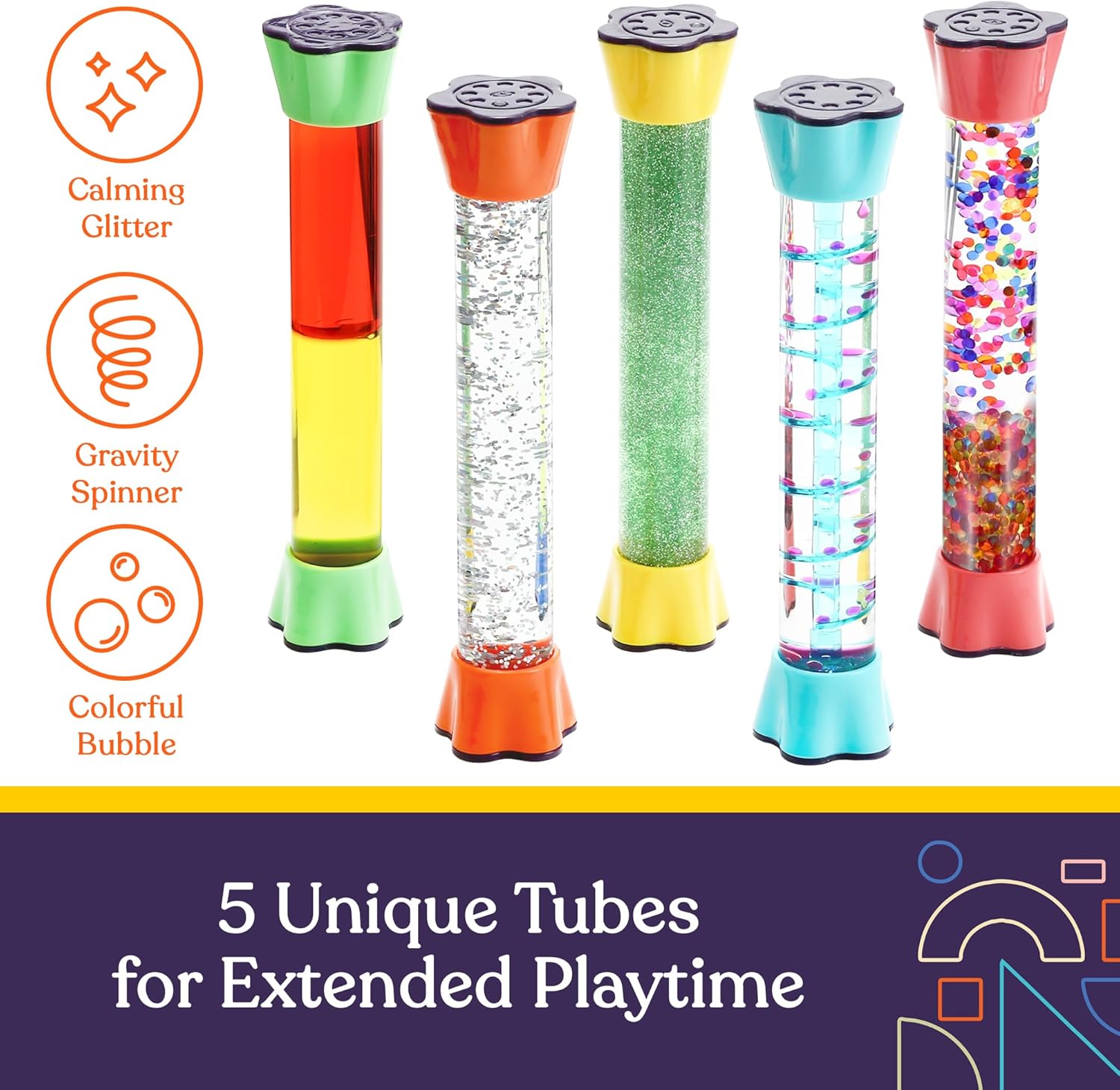 Five sensory motion tubes in orange, green, silver glitter, confetti bubbles, and blue