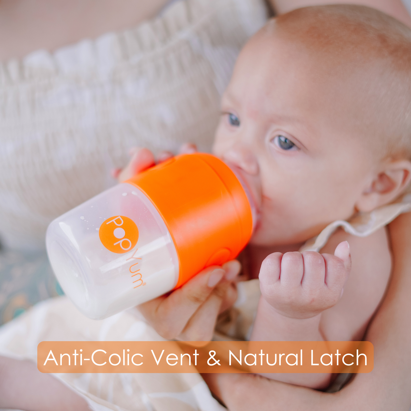 PopYum 9oz Anti-Colic Baby Bottle for Breast and Formula Feeding, Orange, #2 Medium Flow Nipples