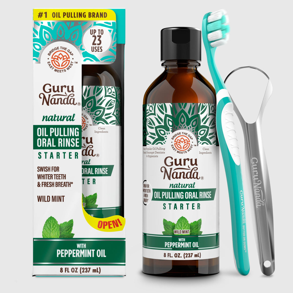 Starter kit with oil rinse bottle, box, and teal toothbrush and tongue scraper