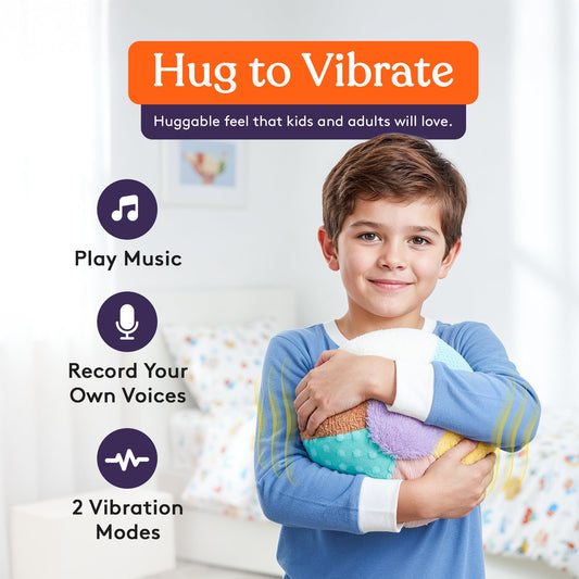 Huggable weighted sensory pillow with multicolor plush segments hugged by child