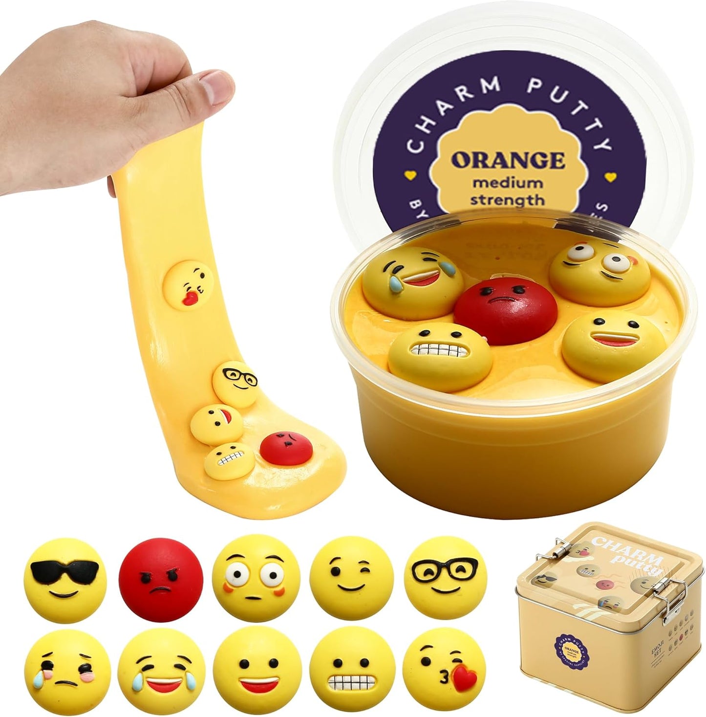Orange sensory putty in hand and open jar with smiling face charm pieces