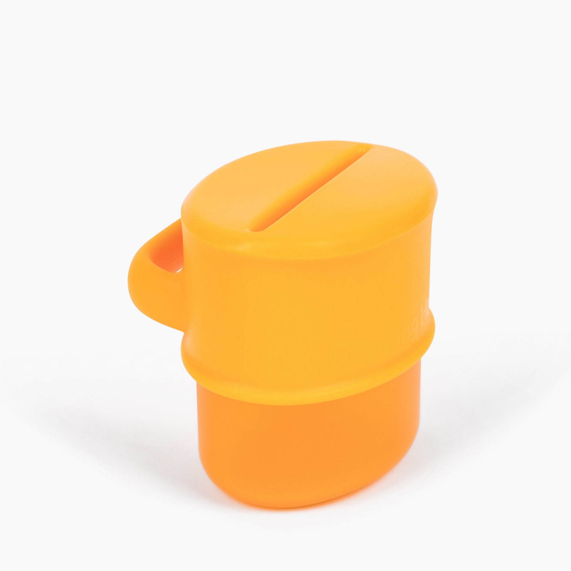 Orange flipping snack cup with lid and carry handle