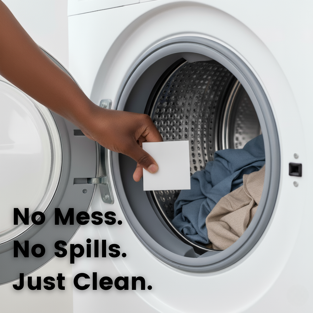 Sensitive skin laundry detergent sheet placed into washing machine drum with clothes