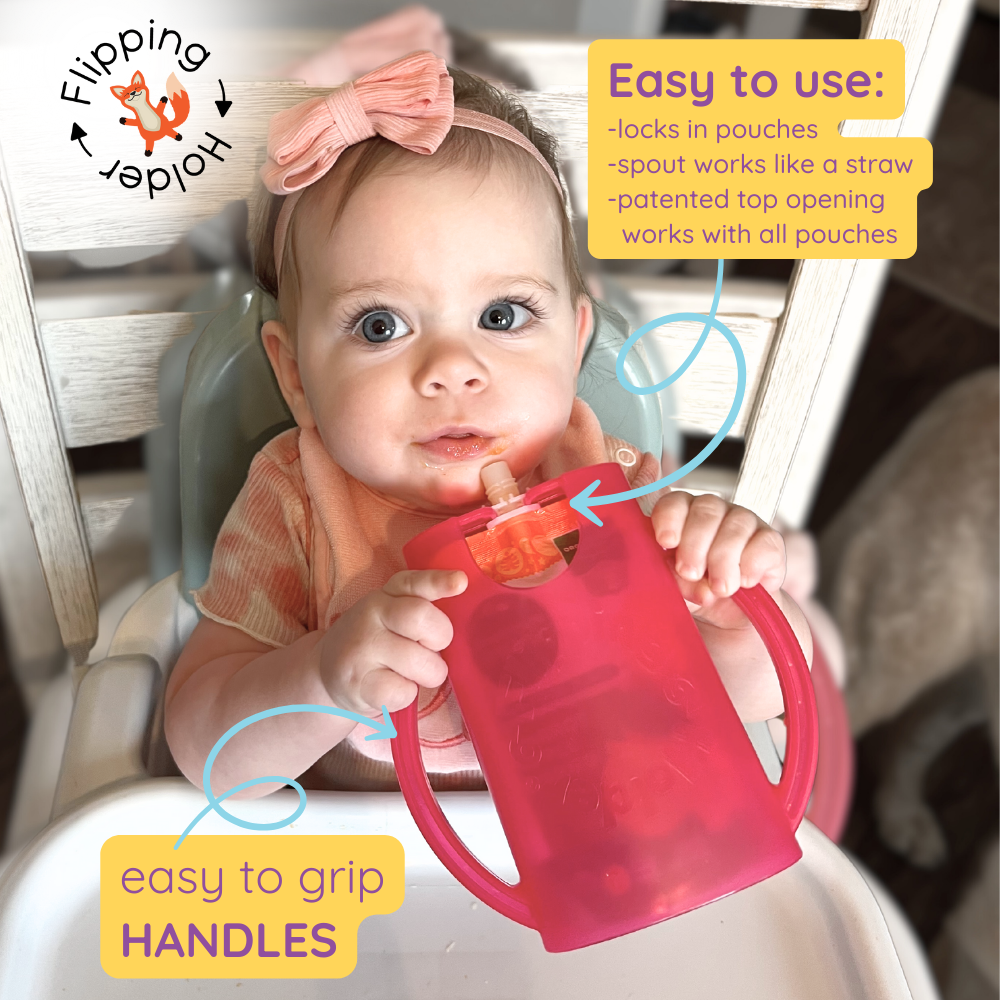Red flipping holder with handle for baby food pouches
