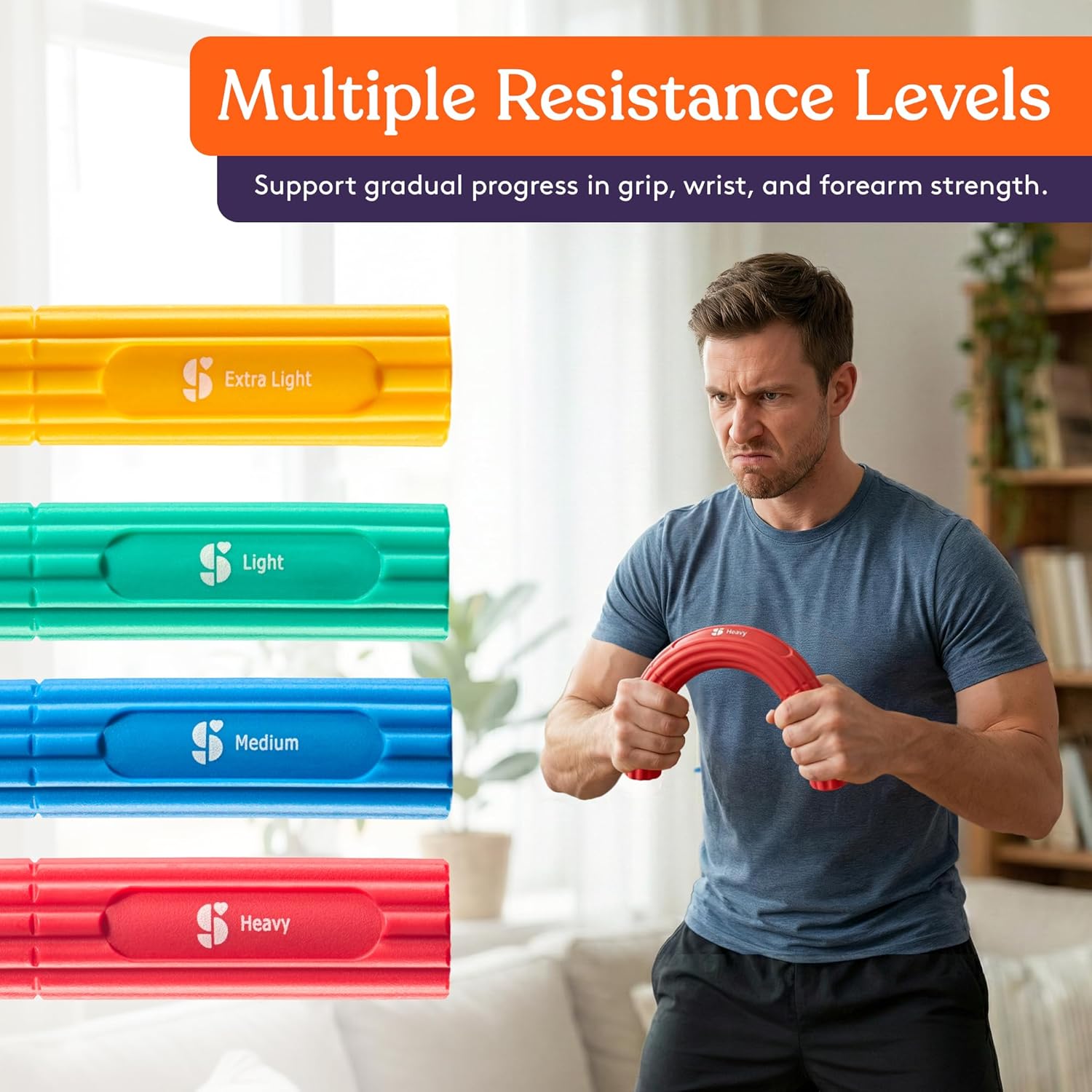 Hand therapy flex rods set with extra-light yellow, light green, medium blue, heavy red